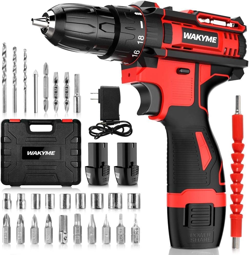Cordless Drill Driver Kit with 2 Batteries, WAKYME 12.6V Power Drill 30Nm