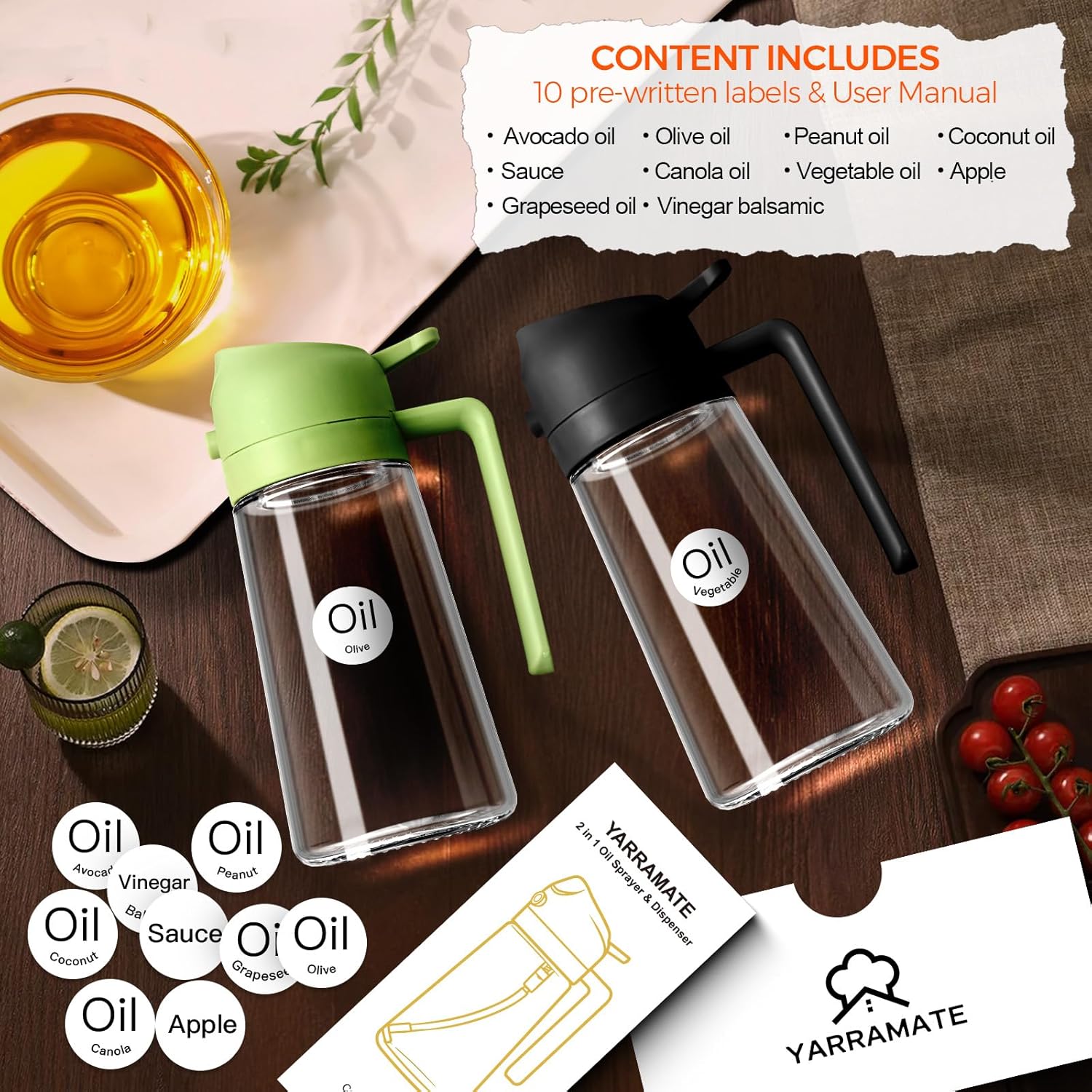 YARRAMATE Olive Oil Dispenser, 2 in 1 Oil Sprayer for Cooking - Image 2